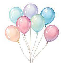A bunch of colorful party balloons floating together isolated on transparent background