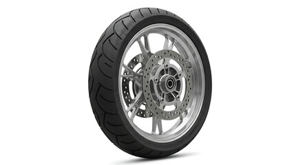 A complete high-performance motorcycle front wheel assembly, showcased in a clean studio shot and perfectly isolated on a white background. 