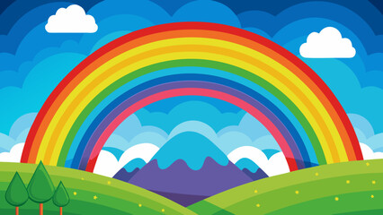 Vibrant rainbow arches over rolling green hills and purple mountains under a blue sky with clouds