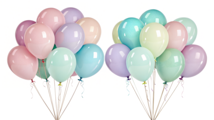 A collection of pastel colored balloons with ribbons isolated on transparent background