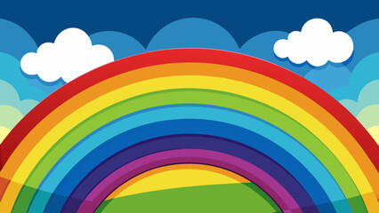 Vibrant rainbow arching over green hills under a blue sky with fluffy white clouds