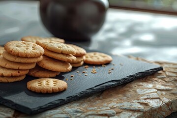 High Resolution Visual of a Black Wooden Board of Sweet Cookies on a Stone Surface