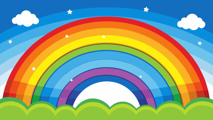 Obraz premium Vibrant rainbow arching over green hills under a blue sky with clouds and stars