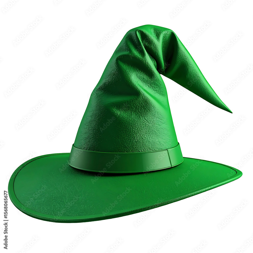 Poster emerald green pointed wizard hat with folded top floating against transparent background