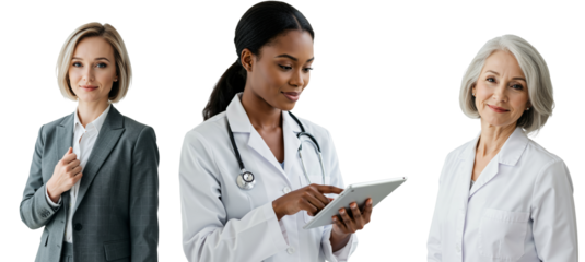 A Dynamic Group of Female Medical Professionals: A Young Female Doctor at Work, an Older Female Physician, and a Businesswoman in Professional Attire, All in a Contemporary Setting