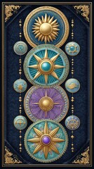 Obraz premium Ornate Gold and Blue Celestial Medallions on Dark Background