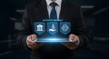 Businessman Presenting Account Payable Icons on Tablet, Financial Technology Concept.