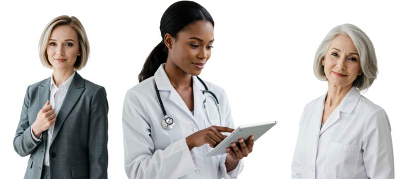 A Dynamic Group of Female Medical Professionals: A Young Female Doctor at Work, an Older Female Physician, and a Businesswoman in Professional Attire, All in a Contemporary Setting