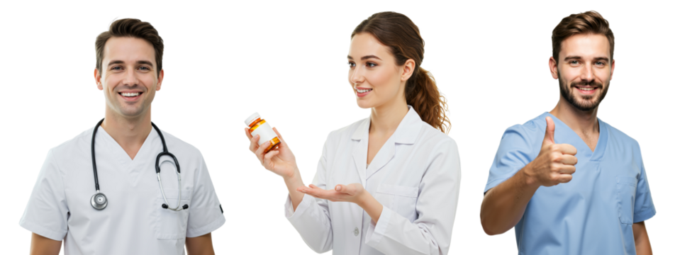 Three Smiling Healthcare Professionals: Young Adult Caucasian Male Doctor with Stethoscope, Young Adult Caucasian Female Pharmacist Holding Pills, Young Adult Caucasian Male Nurse Giving Thumbs Up - Powered by Adobe