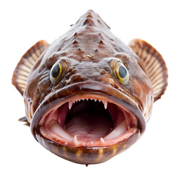 Whole monkfish with teeth exposed isolated on transparent background
