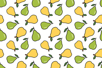 Seamless pattern with yellow and green pears in a cartoon illustration style. Simple and cheerful fruit background for textiles, packaging, stationery, or digital projects. Vector illustration EPS10.