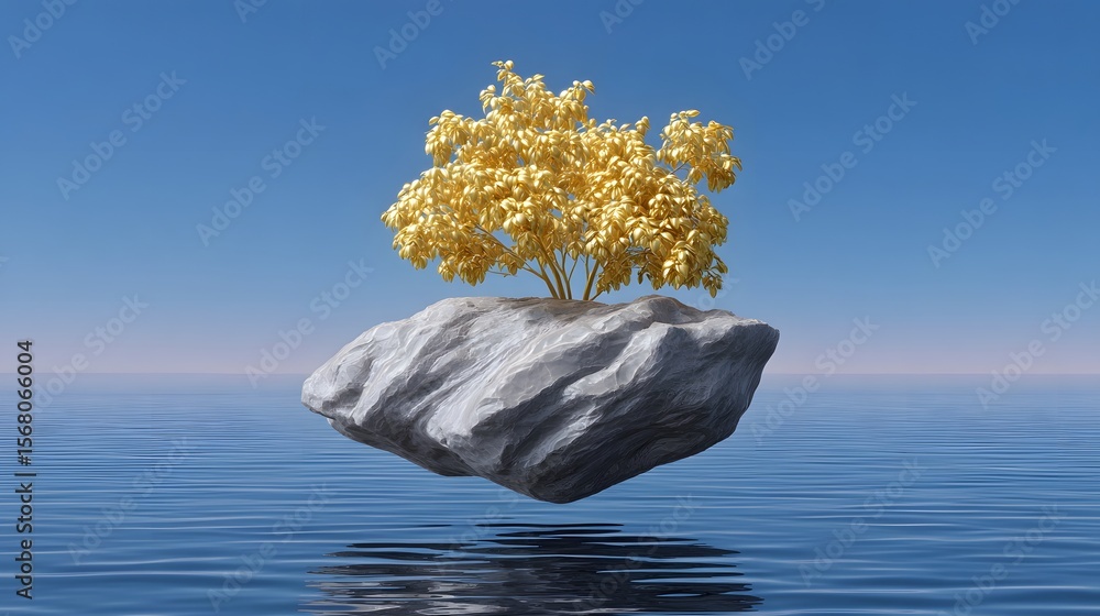 Poster a floating island with a tree in the calm sea