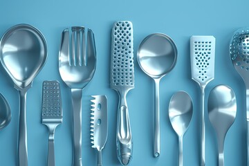 Flawless Picture of a Collection of Metal Utensils with a Blue Background