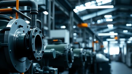 Industrial factory interior showcasing detailed machinery under soft lighting.