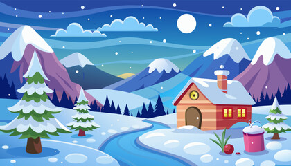 Cozy winter wonderland scene with snowfall mountains and a charming cabin