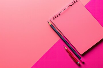 High Detail Image of a Pink Notepad with a Pen and a Pencil on it