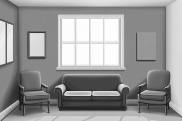 ultra HD picture of Grey relax room interior with couch and chairs window and empty wall high detail