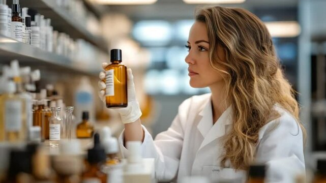 Female scientist in lab coat examines amber liquid in pharmaceutical research setting