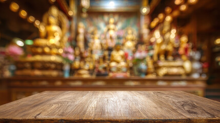Wooden table with blurred Buddha Purnima shrine and golden statues in background