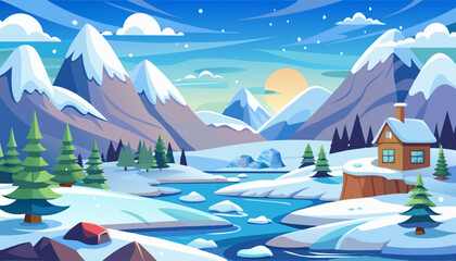 Cozy cabin nestled amidst snowy mountains and a winding river under a bright winter sky