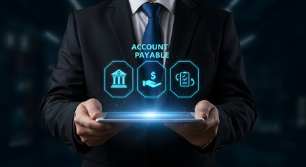 Businessman Holding Tablet Displaying Account Payable Icons