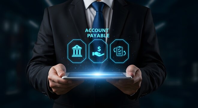 Businessman Holding Tablet Displaying Account Payable Icons - Powered by Adobe