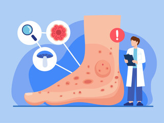 Foot with fungal infection illustration shows doctor examining foot with visible symptoms like redness and spots. image includes magnified views of fungi and bacteria, emphasizing medical concern