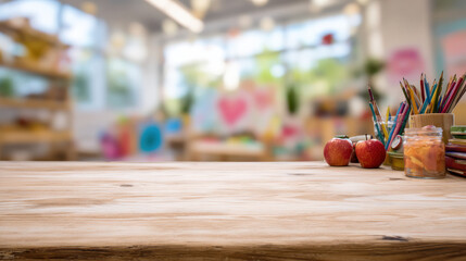 Wooden table with blurred Rosh Hashana background and school crafts