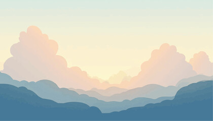 Scenic Mountain Range with Pastel Clouds, Light Blue Hills Illustration
