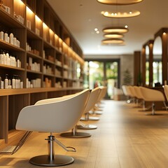 Blurred background of sleek and stylish hair salon interior featuring modern chairs, organized shelves with hair care products, and elegant circular lighting to create a welcoming atmosphere.