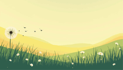 Dandelion Field with Green Grass and Yellow Hills Vector Illustration