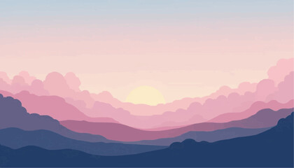 Soft Mountain Landscape with Pastel Sky at Sunrise Vector