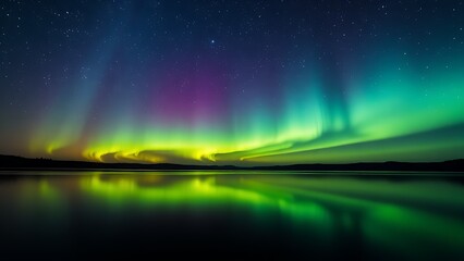 Aurora Borealis Reflected in Serene Lake Under Starry Night