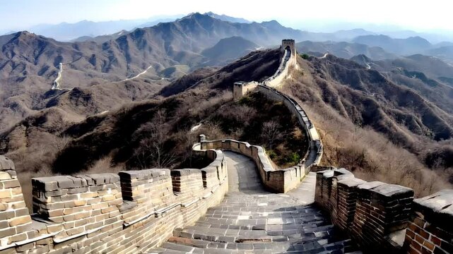 A panoramic view of the Great Wall winding over the hills, with the camera slowly moving to capture the vastness of the