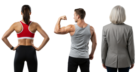 Back view of a diverse group of people: a fit athletic woman, a muscular man flexing his bicep, and a senior businesswoman in a blazer.