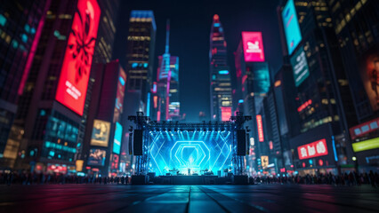Futuristic Concert Stage in Vibrant Neon Cityscape at Night