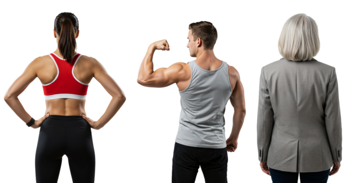 Back view of a diverse group of people: a fit athletic woman, a muscular man flexing his bicep, and a senior businesswoman in a blazer. - Powered by Adobe