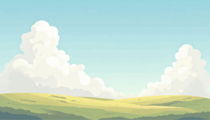 Scenic Green Hills and White Puffy Clouds Under Light Blue Sky Illustration