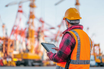 urveyor in safety vest and helmet reviewing site data on a rugged tablet in front of large infrastructure project,