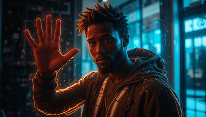Man Raising Hand with Glowing Effects in Front of Window at Night