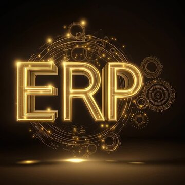 ERP software business operation. Integration strategy. Database performance. Glowing ERP central module with connected functions illustration.