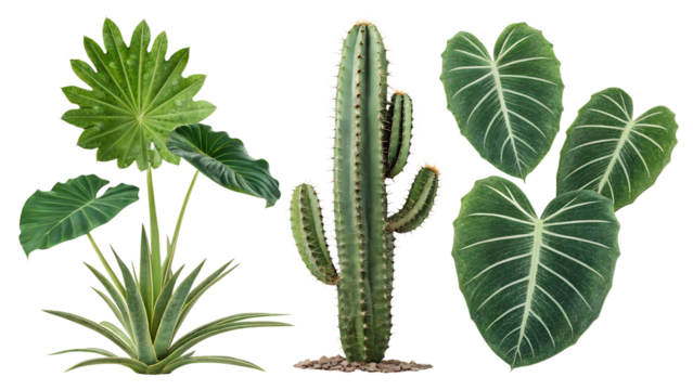 Collection of lush green tropical plants and a tall cactus isolated on transparent background