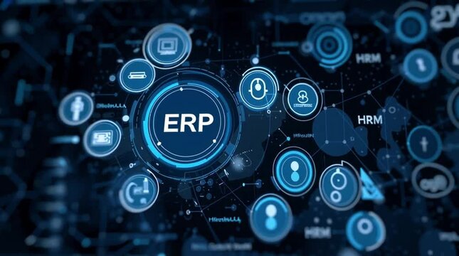 ERP software business operation. Integration strategy. Database performance. ERP interface showcasing CRM and HRM integration features.