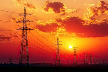 High Resolution Image of Sun Setting Behind the Silhouette of Electricity Pylons