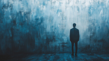 Contemplative man stands before an expressive blue textured wall, portraying introspection and solitary reflection in a minimalist setting.