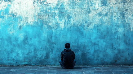 A solitary figure sits against a textured blue wall, evoking introspection, loneliness, and artistic urban backgrounds.