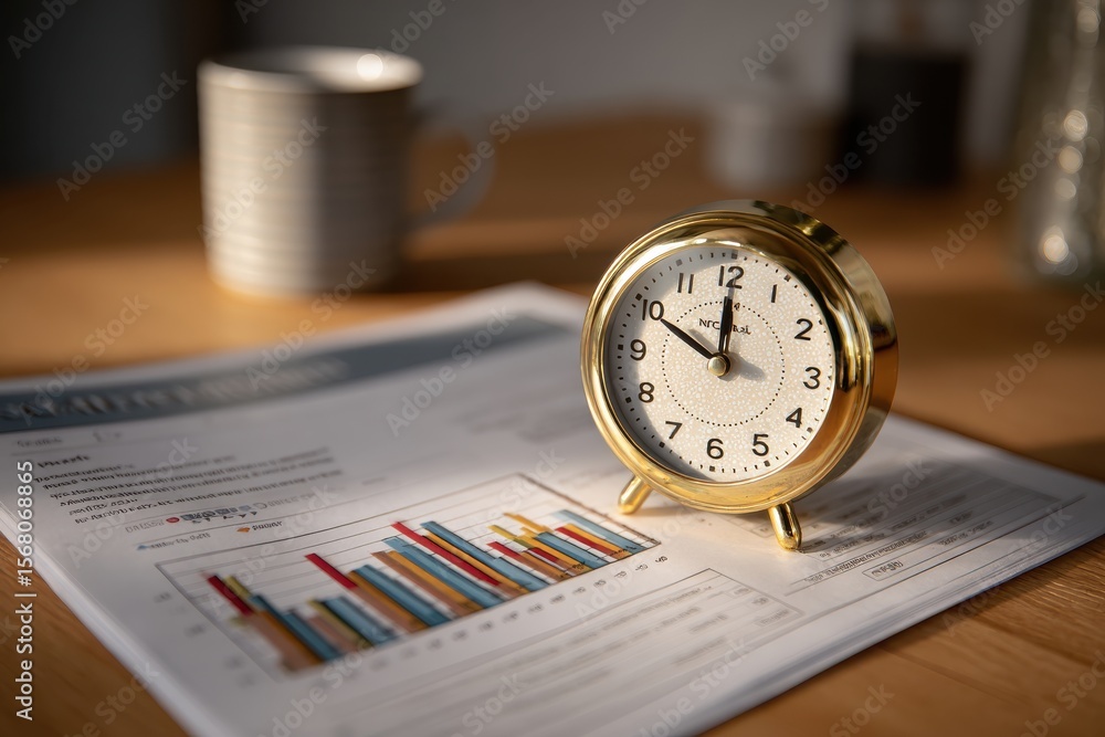 Aufkleber small office clock on desk next to report chart and mug in focused workspace setting