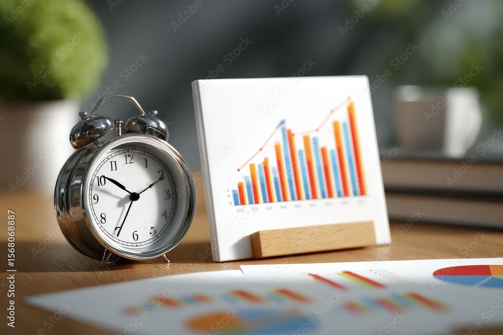 Aufkleber modern office desk with clock and chart displaying business trends and data analysis