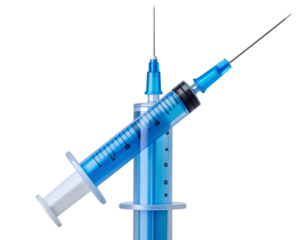 Top View of Medical Syringe Filled with Light Blue Liquid and Blue Needle Cap – PNG Transparent.