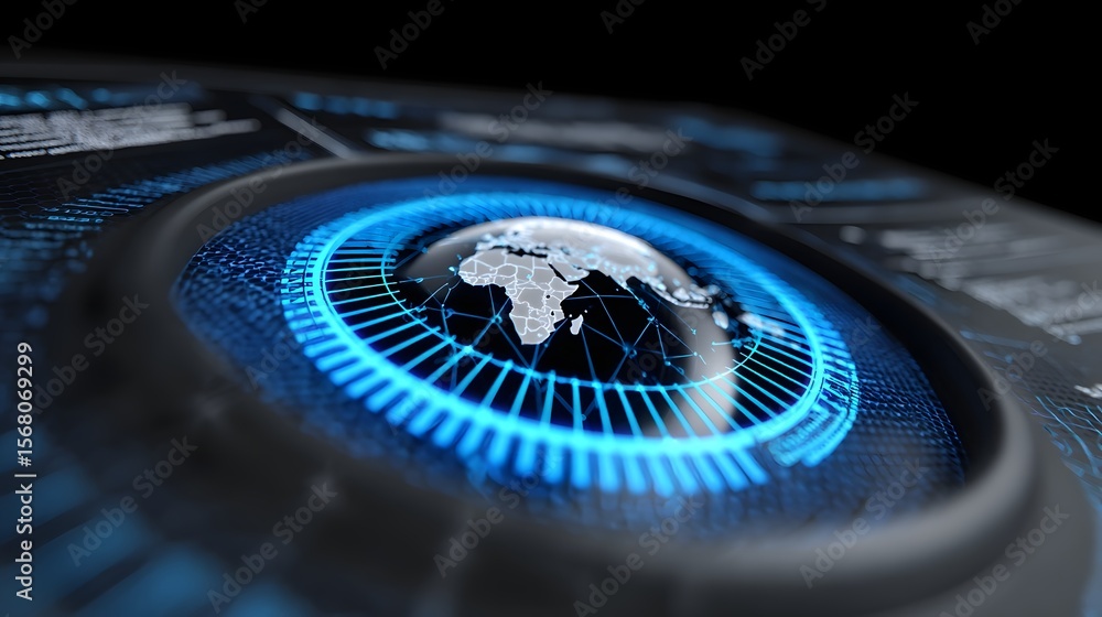 Poster futuristic digital world map and network interface